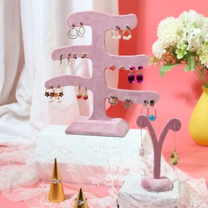 Jewelry Display Stand Pink Velvet Tree Multi Tier T Bar Earring Ring Holder Organizer Countertop Storage Home Store
