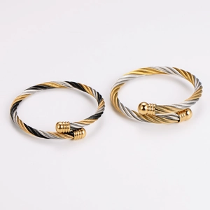 Retro stainless steel cable twist open cuff bracelets with gold ball ends for couples