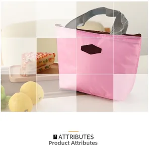 Detailed view of a pink insulated lunch bag with grey handles and leather tag detail