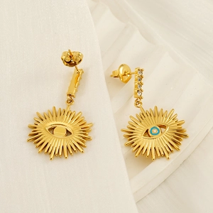 Titanium steel gold-plated evil eye earrings with blue enamel and crystal accents