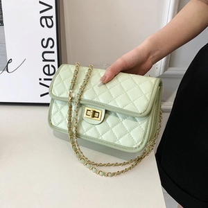 Detail of light green quilted crossbody bag with gold twist lock and chain strap