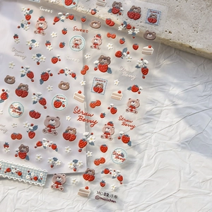 3D embossed cartoon strawberry bear nail art stickers model MC-22 on stone texture