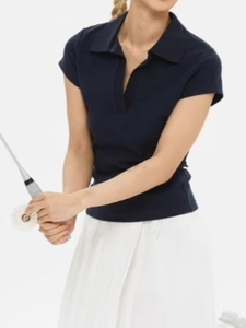 Women Polo Shirt Cotton Blend Knit V Neck Short Sleeve Slim Fit Casual Sports Tennis Top Vintage Style Fashion Upper