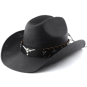 Classic black woven cowboy straw hat with silver bull head ornament and wide curved brim