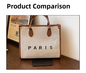 Detailansicht der großen Canvas-Tragetasche mit braunem Lederbesatz und Paris-Aufdruck
