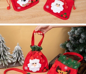 Detail view of plush Christmas drawstring gift bags featuring Santa and Reindeer designs