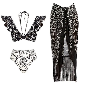 Three-piece bikini set with ruffle top, high waist bottoms, and black tassel sarong