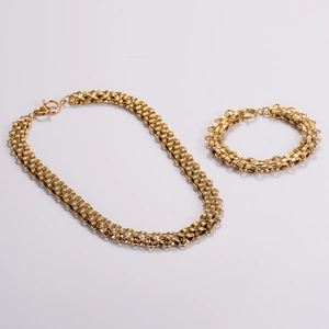 Retro stainless steel woven mesh necklace and bracelet set in polished gold finish