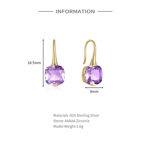Detail of square-cut purple zirconia earring with S925 silver hook and gold finish
