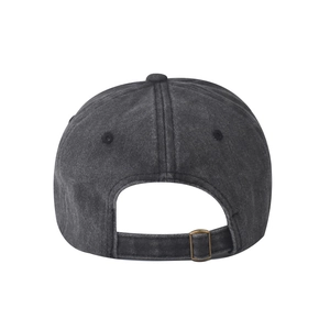 Detail of washed baseball cap back with adjustable metal buckle and breathable eyelets