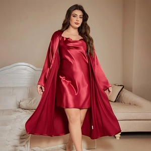 Elegant burgundy satin sleepwear set with silk slip dress and long sleeve robe for women