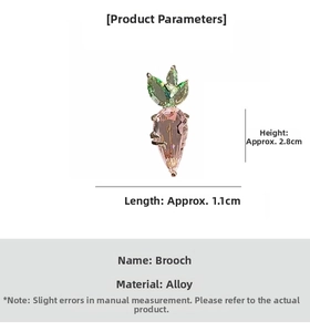 Detailed size specifications for pink crystal carrot brooch showing 2.8cm height dimension