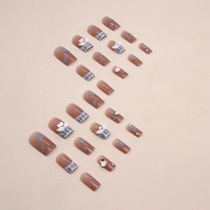 Blue heart and white wing charms on gradient brown medium square press-on nails
