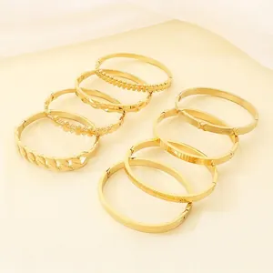 Bangle Bracelet Stainless Steel Gold Plated Geometric Textured Hinge Closure Vintage Style Women Fashion Accessories Jewelry