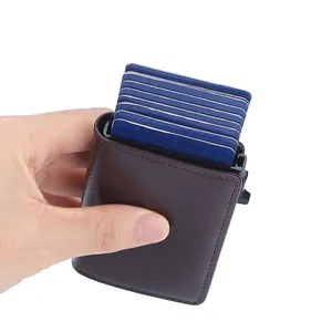 Brown oil wax leather RFID blocking card holder with automatic pop-up aluminum wallet