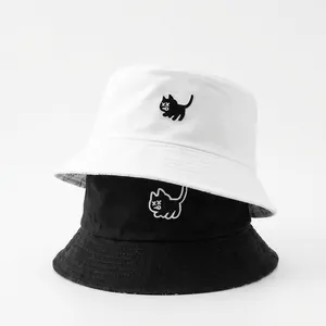 Double-sided cotton bucket hat with cute cat embroidery in black and white styles