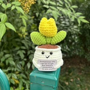 Handmade crochet yellow tulip plant in a white pot with emotional support card