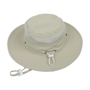 Detail of khaki sun hat featuring breathable mesh panel and adjustable white chin strap