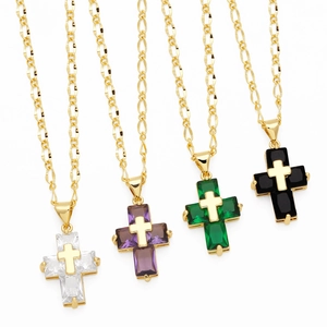 Double Layer Cross Pendant Necklace 18K Gold Plated Copper Rectangle Zircon Figaro Chain Trendy Hip Hop Jewelry Unisex