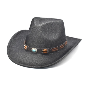 Chapeau de cowboy noir classique en feutre avec bande en cuir et pierre turquoise