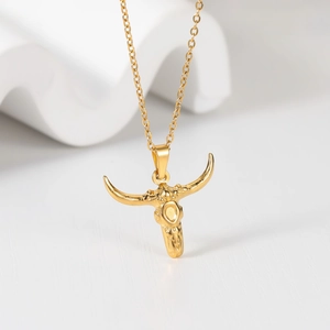 Polished gold stainless steel bull skull pendant necklace with minimalist metal chain