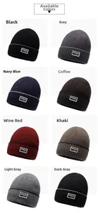 Detail display of thick ribbed knit beanies in eight colors with fashion patch tags