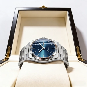 Silver steel men's watch with blue dial and day-date display in premium gift box