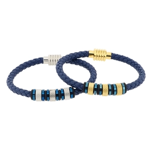 Blue braided leather bracelets with gold and silver magnetic clasps on white background