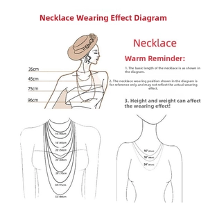 Detailed necklace length chart showing necklace placement from 16 to 32 inches on the neck
