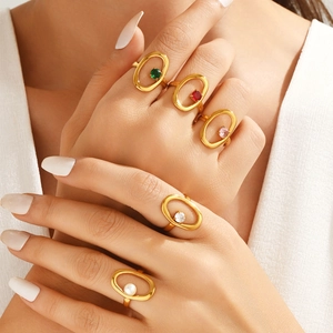 Elegant gold hollow geometric rings set with colorful zircons and a round pearl for women