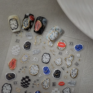 Macro detail of surrealist nail art stickers featuring melting clocks and red lips