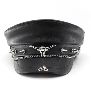 Black PU leather baker boy hat with bull emblem, metal studs and decorative chain