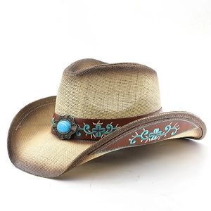 Western straw cowboy hat with turquoise embroidery and brown leather trim on beige mesh