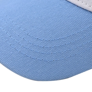 Close-up of light blue baseball cap brim with precise triple-row curved stitching detail
