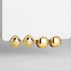 Close-up of geometric 18K gold-plated stainless steel earrings on a display card