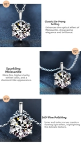 Detail of Moissanite necklace with classic six-prong setting and polished S925 silver finish