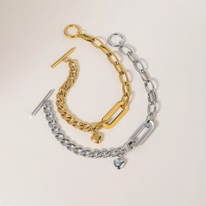 Polished titanium steel Cuban and oval link bracelet with heart pendant and OT buckle