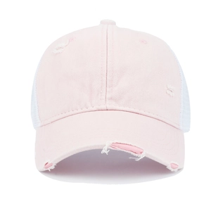 Detail of light pink mesh baseball cap featuring distressed style and white mesh back