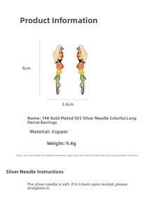Detail view of 14K gold plated parrot tassel earrings with 925 silver needles and measurements