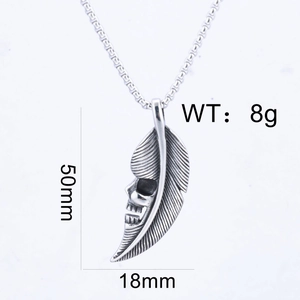 Detailed macro of silver feather pendant with skull design and 50mm size specs