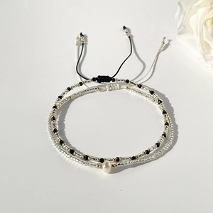 Minimalist Beaded Bracelet With Artificial Pearl And Glass Beads Black Spinel Adjustable Jewelry For Women