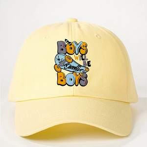 Retro yellow baseball cap with BOYS WILL BE BOYS graffiti and skateboard print
