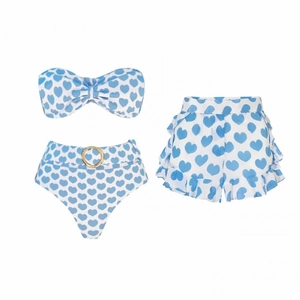 Three-piece girls' blue heart print bikini set with high-waist shorts and ring detail