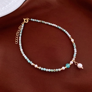 Amazonite Beaded Anklet With Artificial Pearl Pendant Copper Adjustable Chain Handmade Vintage Minimalist Jewelry For Women