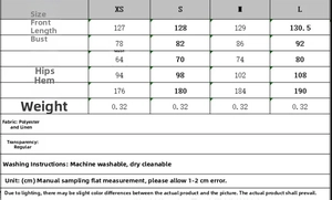 Detailed size guide table for women's side slit dress with XS to L measurements and care info