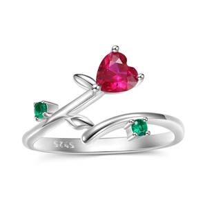 Rose Heart Ring 925 Sterling Silver With Red Heart Zircon And Green Leaf Zircon Elegant Vine Floral Romantic For Women