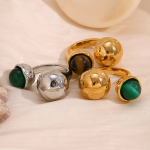 Vintage 18K gold plated stainless steel open ring with green agate and tiger eye stones