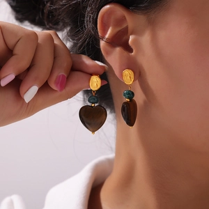 Vintage heart earrings with tiger eye stone and green beads on gold plated steel