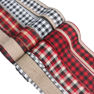Classic Christmas linen ribbons with red black plaid and burlap texture patterns