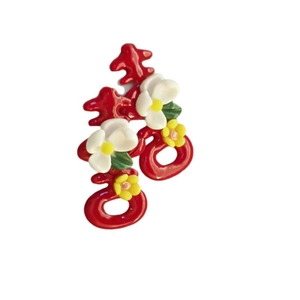 Floral Xi character earrings featuring Chinese traditional wedding style and red resin finish
